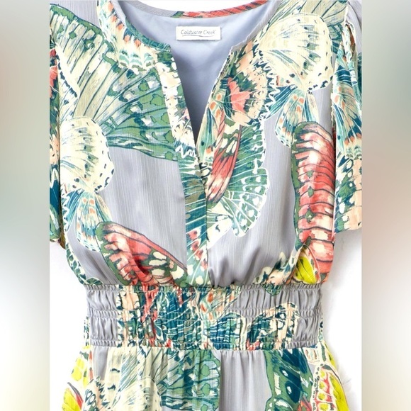 389. Butterfly print, smocked empire waist, flutter sleeves fully lined dress - Picture 3 of 4